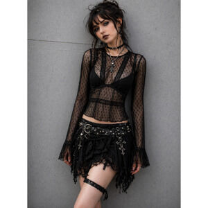 Forever 21 Black Sheer Mesh Lace Long Sleeve Top Size S Y2K Gothic Fairy Grunge